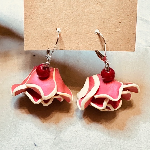 Rose & Bead Large Dangle Earrings Vintage Polymer Clay - Picture 2 of 13